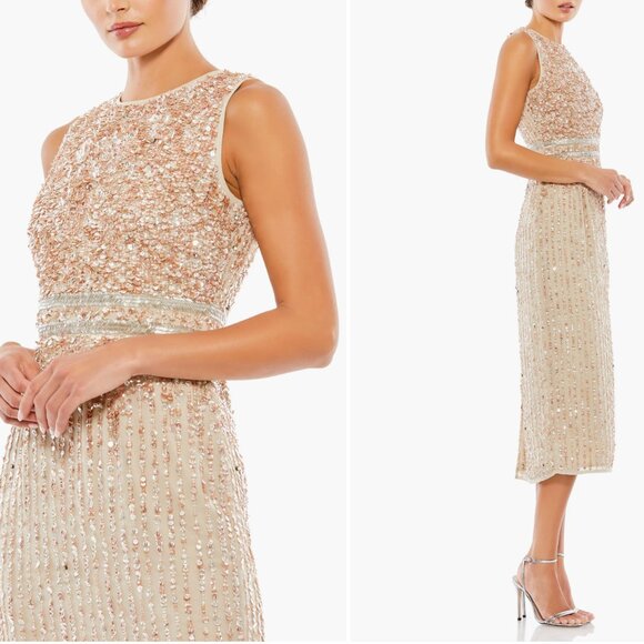 EUC Mac Duggal Sleeveless High Neck Beaded Midi Sheath Dress Sz 6 - Picture 3 of 11